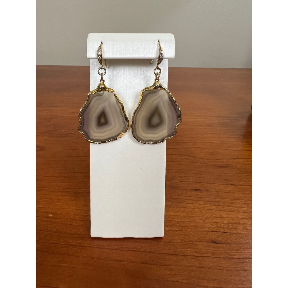 Natural Grey Agate Geode Slice Gold Rimmed Drop Earrings Crystal Boho